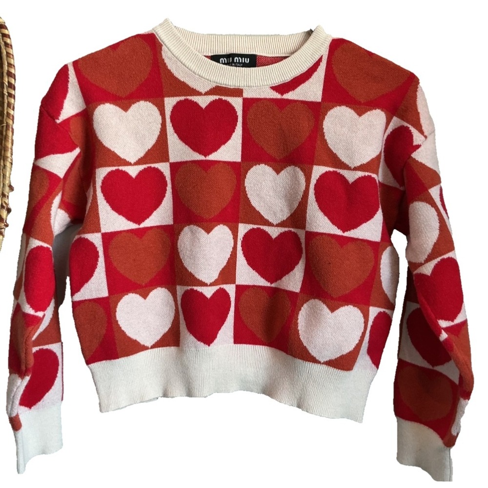 Miu Miu Striped Long Sleeve Knit Pink Red Round Neck Heart Sweater Made in Italy